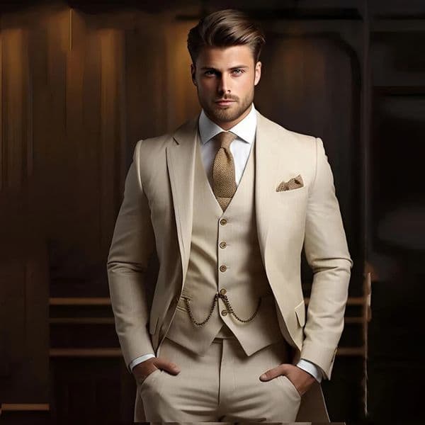 Formal Mens Suits for Groom 3 Pieces Khaki Wedding Tuxedo Slim Fit Male Fashion Suit Jacket with Pants Vest 250603