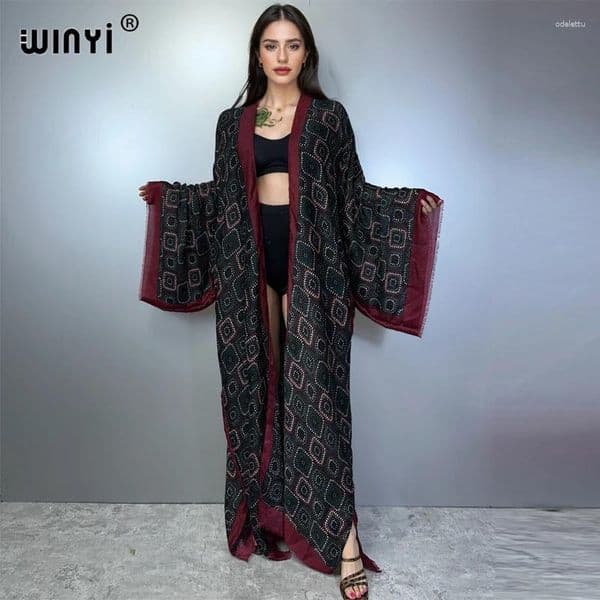 Retro Print Kimono Fashion Kaftan Beachwear Cardigan Boho Evening Dress Abaya Dubai Luxury Cover-up Beach Outfit Women