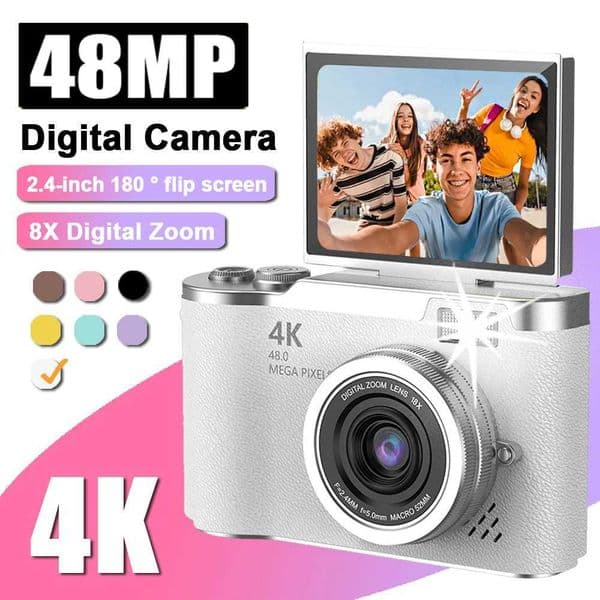 4K 180 Flip Sn Compact Digital Camera 48MP 8X Digital Zoom CCD Digital Photography Camera Selfie Camera for Students RENEAR XJ250603