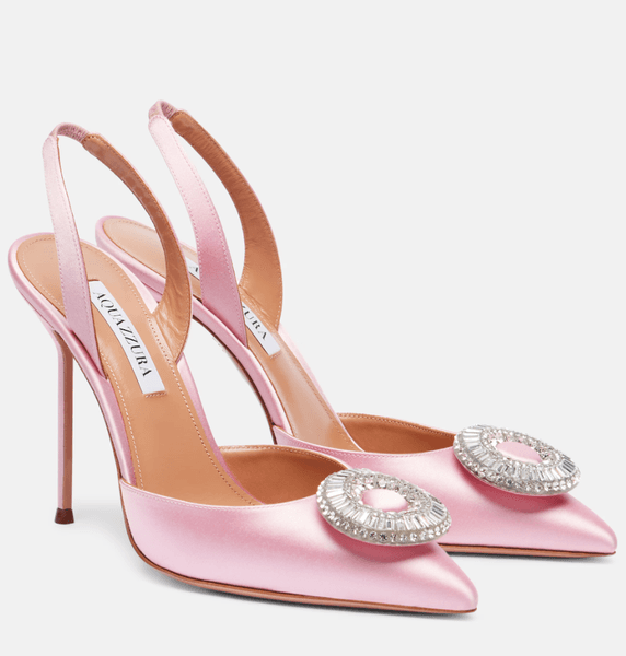 Elegant Women Aquazzs Sandals Shoes Sparkling Jewel Crystal Hoop Slingback Satin Pointed Toe High Stiletto Heels Party Wedding Dress Sandalias EU35-43