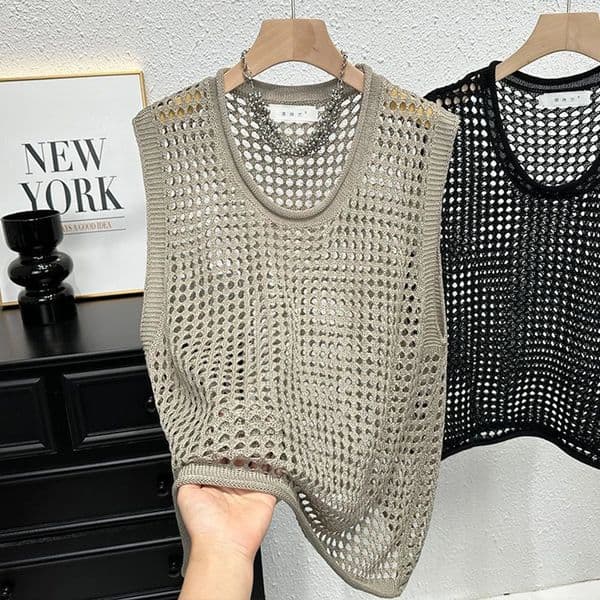 Mens Vest Hollow Perspective Layered Knitted Tank Top Spring Streetwear Fashion Youth Campus Sleeveless Top MenS Clothing 2025 250603