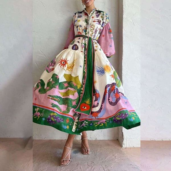 Women's Fashion Casual Personality Print V-Neck Tie Waist Long Sleeve Flared Dress B5