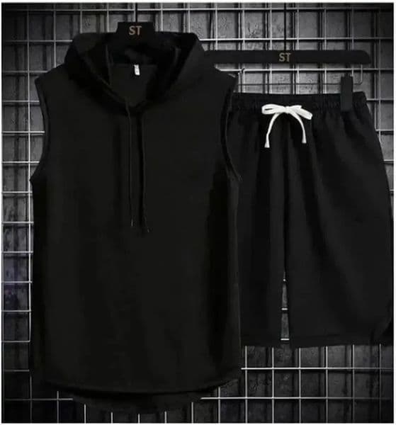 Mens summer fashion vest sleeveless T-shirt hooded casual shorts set mens fitness T-shirt sports shorts set 250529BJ