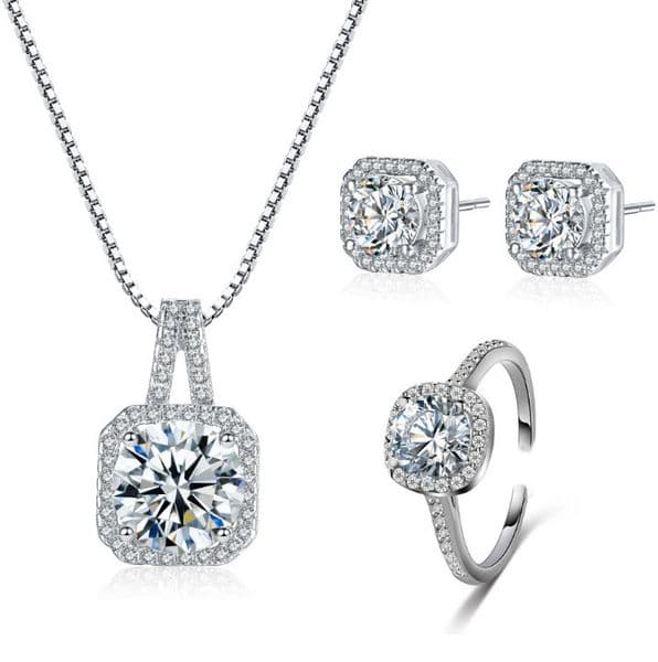 2026 New Vecute Luxury Platium Plated Cubic Zirconia Necklace Earrings Open Ring For Women Diamond Crystal Wedding Set With