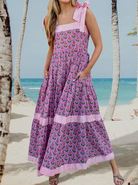 Elegant Maxi Dress with Boho Floral Print and Adjustable Tie-Up Straps Sleeveless Summer Fashion Cami Dress for Women 250604BJ