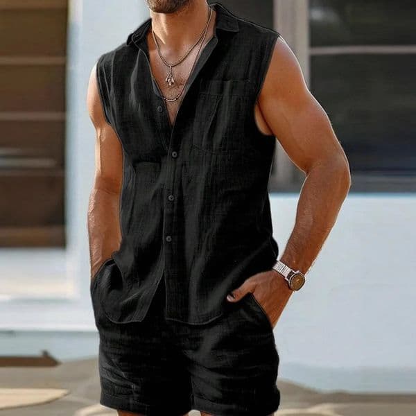 Sexy and fashionable European and American mens casual cardigan vest set in cotton and linen style 250529BJ
