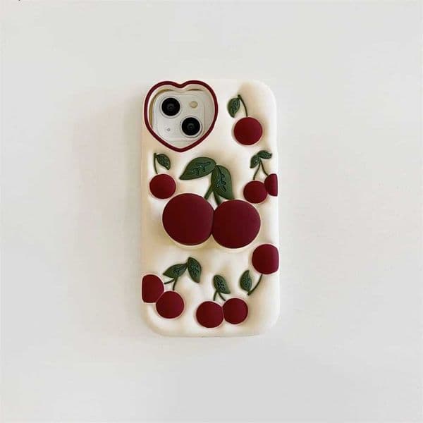 Funny Cartoon 3D Cherry Kickstand Case for iPhone 15 Pro Max 14 13 12 11 Love Heart Camera Ring Soft Silicone Case 14 Pro X250605