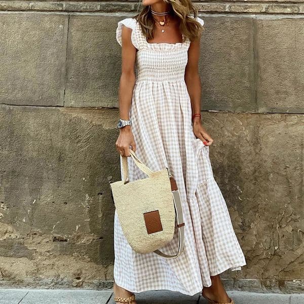 Womens Check Plaid Sleeveless Square Neck ALine Maxi Dress Summer Ladies Casual Vacation Holiday Beach Sundress Size S2XL 250604BJ