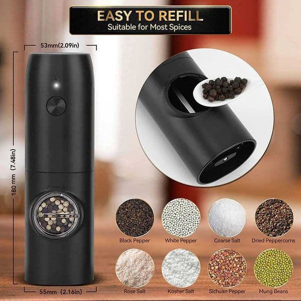 2025 Electric Automatic Salt and Pepper Grinder Set USB Rechargeable/Battery Powered Adjustable Coarseness Spice Mill with LED Light X2506055