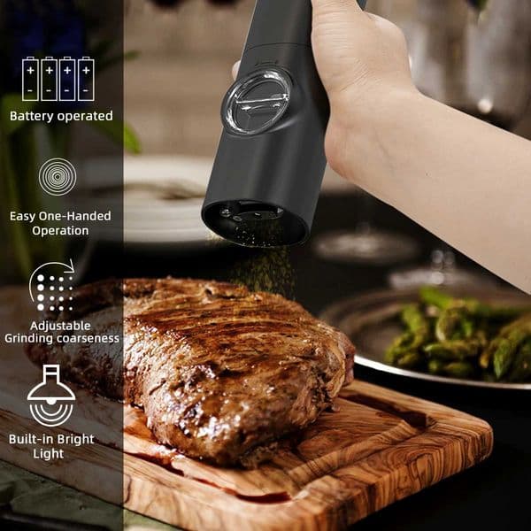 Electric Automatic Pepper and Salt Grinder with Base Set Battery Powered with LED Light Adjustable Coarseness Kitchen Tool X2506051