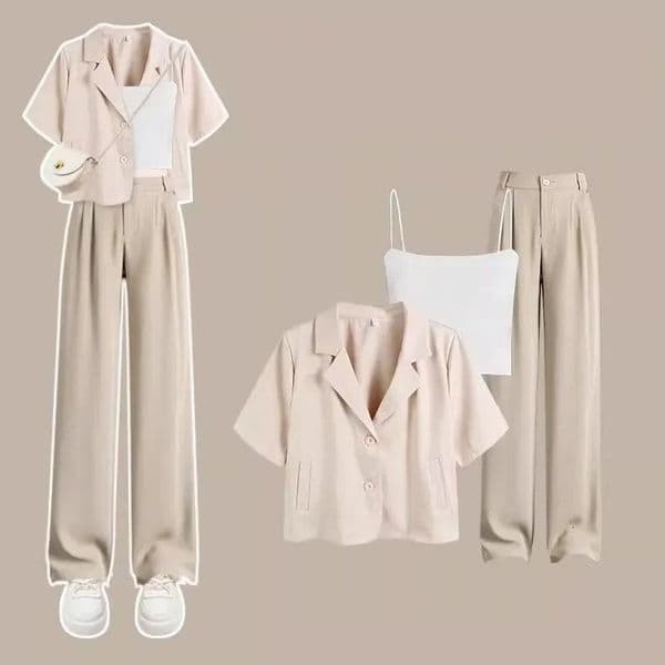 2025 Summer Korean Elegant Thin Short Sleeved Suitsuspenderpants Three Piece Womens Fashion Casual Blazers Matching Set 250605