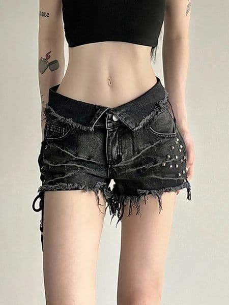 Weekeep Punk Style Rivet Stitching Denim Shorts Black Low Rise Skinny Laceup Short Jeans y2k Distressed Summer Ladies Bottoms 250604BJ