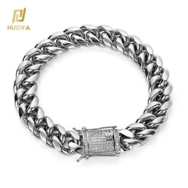 Fashion 8mm High Polish Silver Bracelet Hip Hop Moissanite Clasp Mens Bracelets Sterling Silver 14K 18K Gold