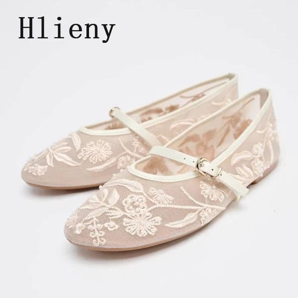 Hlieny Woman n Embroidery Flowers Pearl Mesh Round Tor Buckle Strap Ballet Flats Loafers Ladies Mary Jane Shoe Mules Sandal 250603BJ