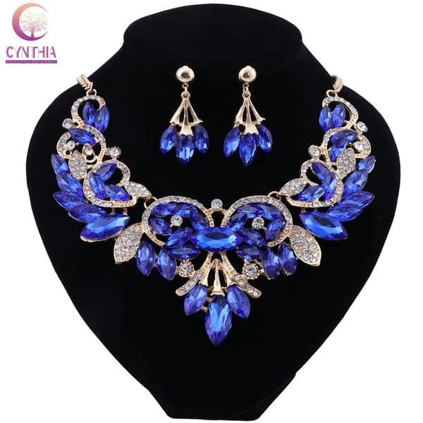 CYNTHIA Fashion Blue Crystal Necklace Earrings Set Bridal Jewelry Sets for Brides Wedding Party Costume Jewellery Set 250530