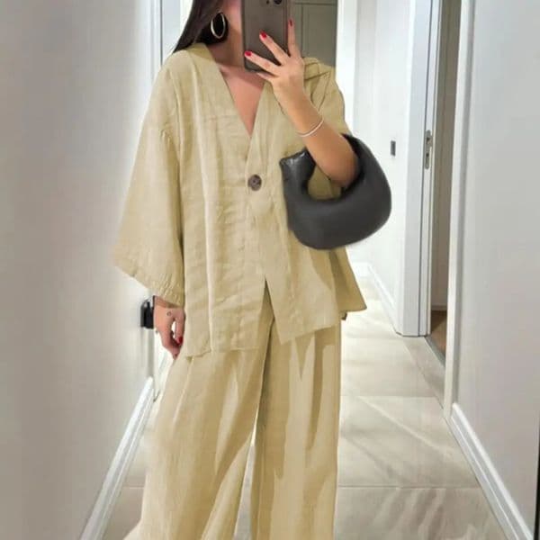 Womens Cotton Linen Loose Shirt Two Piece Outfit Long Sleeve V Neck Button Top Wide Leg Pants Casual Shirt Set Summer 250605