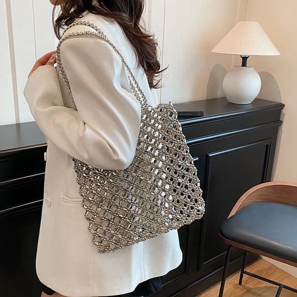 Summer Womens Shoulder Bag Electroplated Acrylic Hollow Handbag Handmade Beading Handbag Silver Metal Handle Tote Bag 250605