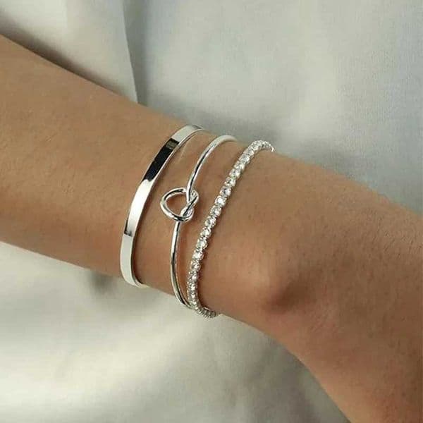 3pcs Stainless Steel Stack Cuff Bracelets for Women 14K Silver Plated Adjustable Jewelry Gifts Luxury CZ Chain Love Knot Bangles W250606