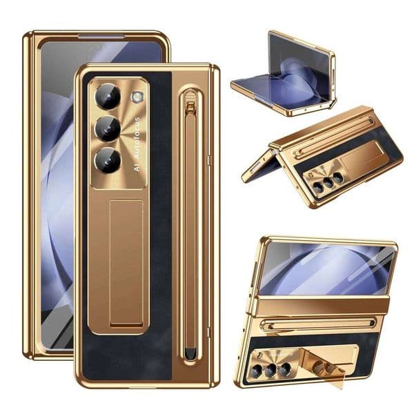 RENGZ Slot with Glass Film For Samsung Galaxy Z 6 Fold 5 4 Case Anti-fall Hinge Leather Protection With S Pen Cover