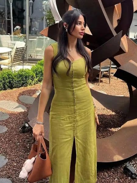 Summer Elegant Dress Women Fashion Solid Square Collar Sleeveless Single Breasted Ladies Vacation Green Spilt Dresses 250605