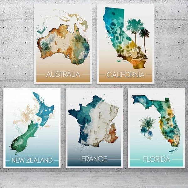 France Australia New Zealand California Florida Map Art Map Poster World City Modern Abstract Canvas Painting Wall Home Decor