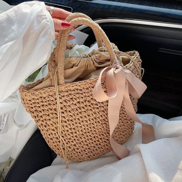 Bow Decors Bucket Shoulder Bags Handmade Straw Hollow out Bag Summer Female Travel Beach Purse Vintage Handbags Bolsa 250605BJ