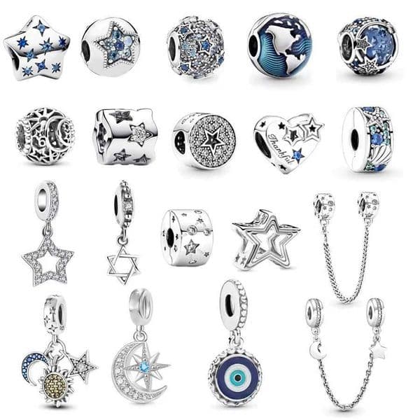 Fit Original 925 Sterling Silver Pan Bracelet Pav Asymmetric Star Crescent Moon Charm Galaxy Safety Chain Beads Jewelry Gift XJ250607