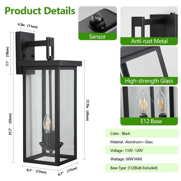 2025 22(H) Outdoor Wall Lantern with Dusk to Dawn Sensor Matte Black Finish Clear Glass Panels Weatherproof Exterior Light X2506071