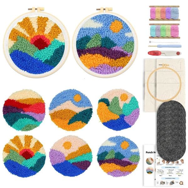 SDOYUNO Landscapes Punch Needle Coasters Kit Adults Beginners 6 Pcs DIY Easy Coaster Embroidery Set for Starter Art Craft 250605