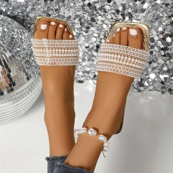 summer fashionable sexy light casual womens shoes large size comfortable square head pearl decoration solid color flat slippers 250603BJ