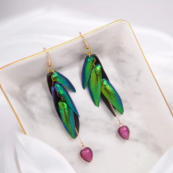 Vanssey Vintage Fashion Jewellry Green Ethnic Natural Beetle Wings Handmade Glass Dangle Tassel Earrings for Women 250604BJ
