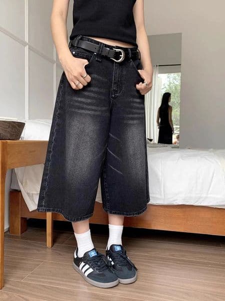 High Waist Black Retro Washed Denim Shorts Womens Harajuku Vintage Fashion Casual Loose Y2K Streetwear Mid Long Wide Leg Pants 250529