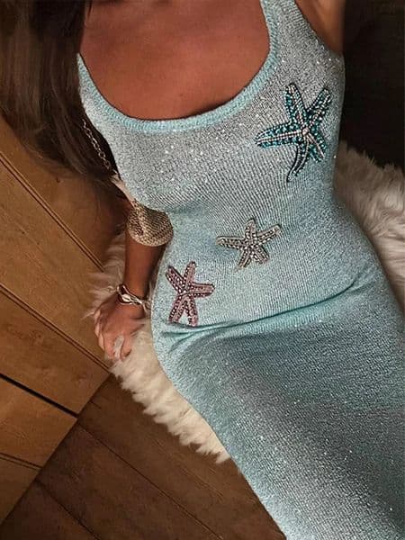 Star Pattern Knitted Sequins Long Dress Women Sleeveless O-neck Solid 2025 Summer Fashion Slim Dresses Vacation Party Vestidos 250605