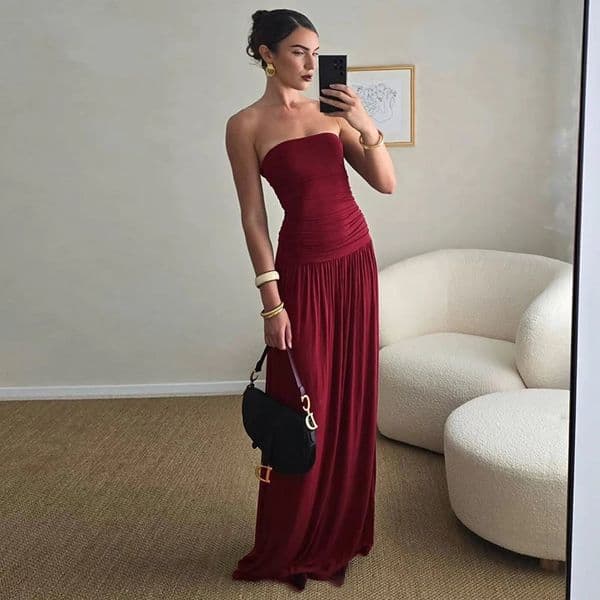 CUTENOVA WomenS Solid Color Sleeveless Backless Slim Shrinking Pleated Sheath Long Dress Summer Elegant Night Party Dresses 250605