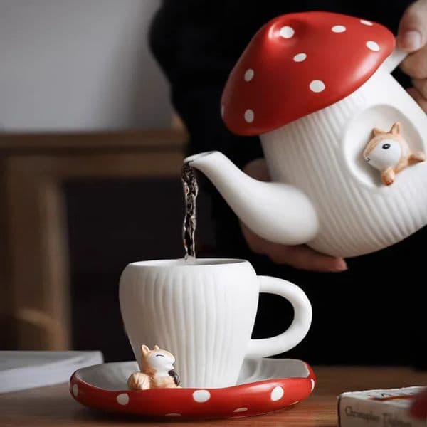 Cartoon Ceramic Cup Mushroom Coffee Mug with Lid Water Kettle Breakfast Milk Cup Tableware Home Teapot Plate Bowl Birthday Gift