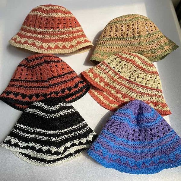 New Korean Handmade Crochet Bucket Hat Women Ins Colored Fisherman Hat Hollow Sun Hat Women Summer Breathable Panama Beach Hat W250609