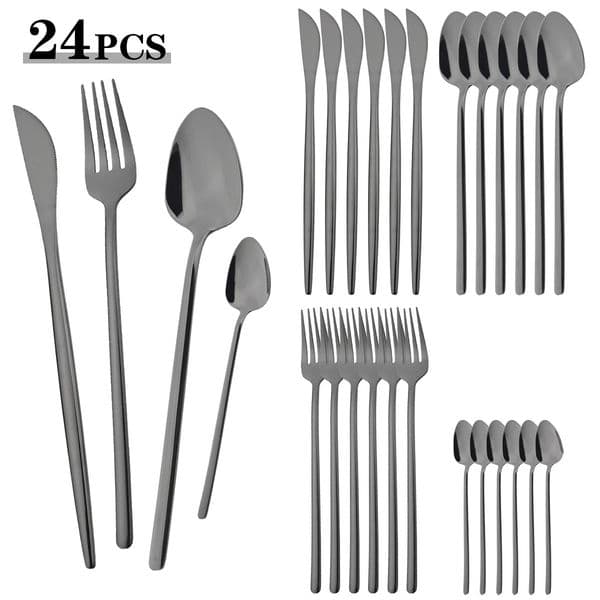 24pcs Black Mirror Dinnerware Set Knife Fork Coffee Spoon Cutlery Set Stainless Steel Flatware Western Party Kitchen Tableware 250609