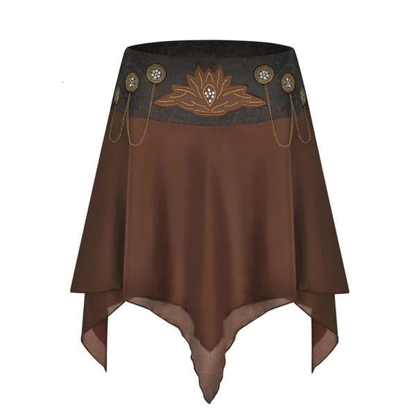 Womens Vintage Brown Steampunk Skirt Ladies Gothic Chains High Waist Printed Sexy Retro Asymmetrical Skirts Party Street Wear 250609