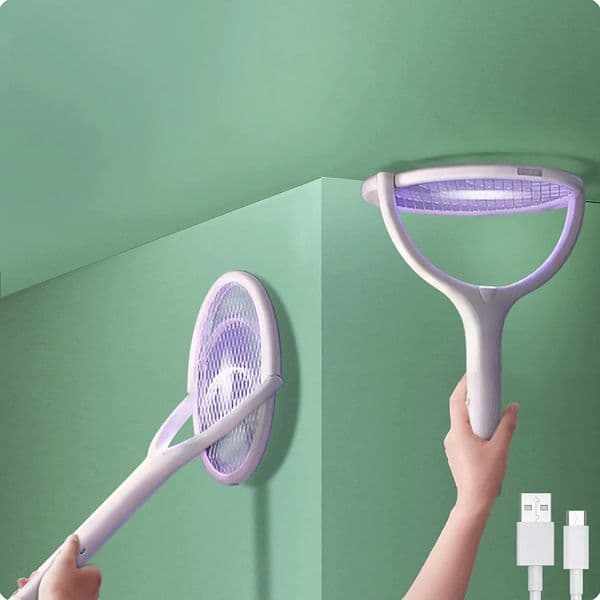 Portable Rechargeable Electric Mosquito Killer Racket with Wall Mounted Base and Automatic Mosquito Attraction Lamp 250606