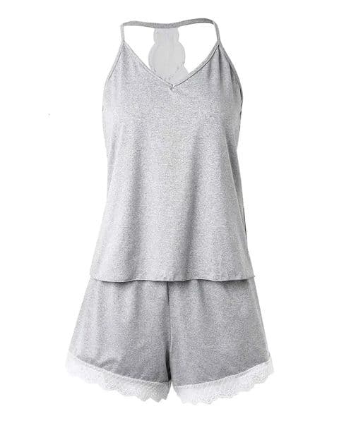 Womens Grey Spaghetti Strap Pajama Set Lace Hem Cami Top and Shorts Soft Knit Sleepwear Loungewear Comfortable Casual Pjs 250609