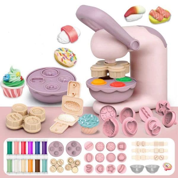 Three childrens clay toy sets including a burger machine XJ250609
