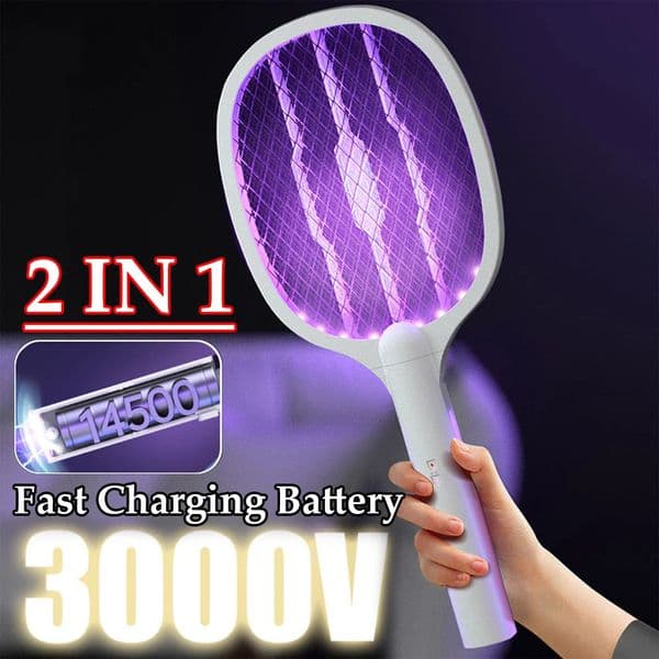 Handheld Electric Fly Swatter 3000V Bug Zapper Racket 2 in 1 Fly Swatter with USB Rechargeable Mosquito Killer Lamp Pest Control 250606BJ