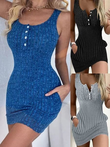 Button Front With Pocket Tank Dress Elegant Sleeveless Bodycon For Spring Summer Womens Clothing 250530BANJIA