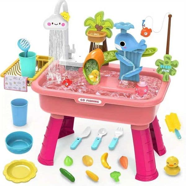 Kids Play Sink with Running Water Electric Faucet Water Table with Pump Tableware Fishing Game Toy Kitchen Sets for Kids XJ250609