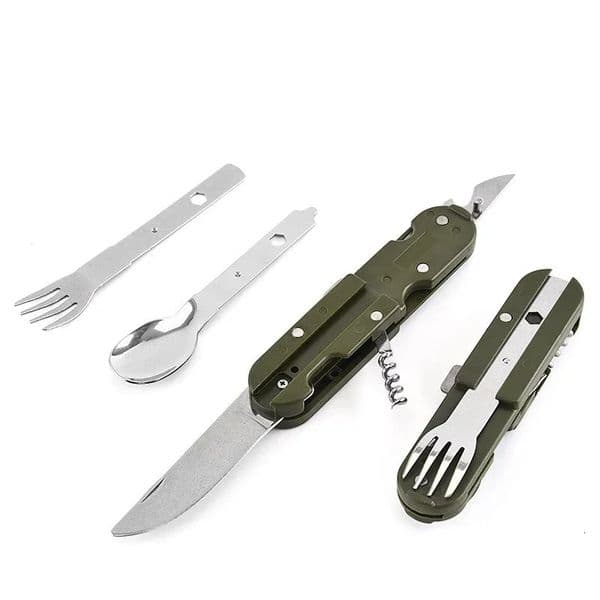 Army Green Folding Portable Stainless Steel Camping Picnic Cutlery Knife Fork Spoon Bottle Opener Flatware Tableware Travel Kit 250609