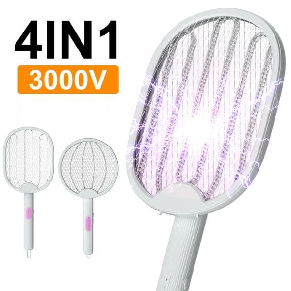 4 In 1 Foldable Electric Mosquito Swatter Killer 3000V Fly Swatter Trap USB Rechargeable Mosquito Racket Insect Killer Bug Zappe 250606