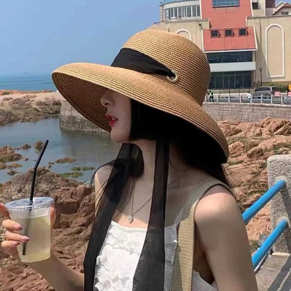 Summer Pape Straw Hat with Windproof Rope Hepburn Style Big Brim Female Outdoor Travel Beach Vacation Seaside Sun Hat Female W250609