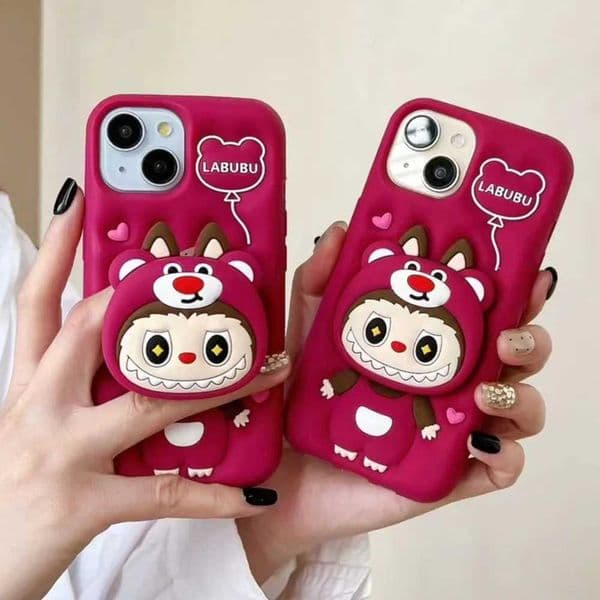 3D Cute Funny Cartoon Lotso Hat Labubu Holder Phone Case For 15 14 Plus 16 13 12 Pro Max 11 Soft Silicone CoverXJ250609