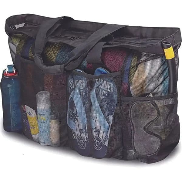 1pc Extra Large Mesh Beach Bag Breathable Tote With Zipper Side Pockets Portable Capacity Finishing Organizer Bag 250605BJ
