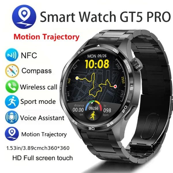 GT5 PRO Smart Watch Bracelet Men Wrist Watch 5 Pro AMOLED HD Screen Bluetooth Call GPS Trajectory NFC Heart Rate Compass SmartWatches for Fitnesss Sports Watch